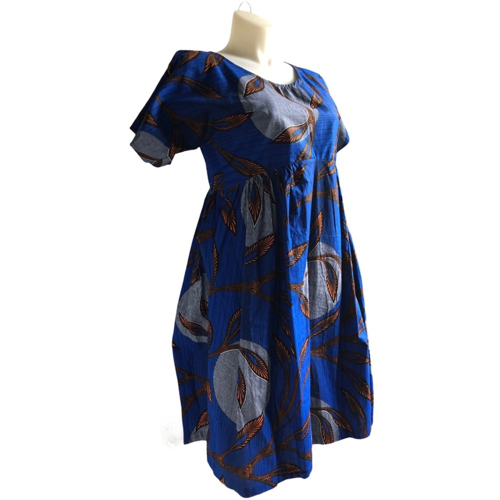 African Print Dress Size 10 or 12 Cotton Blue Orange Handcrafted